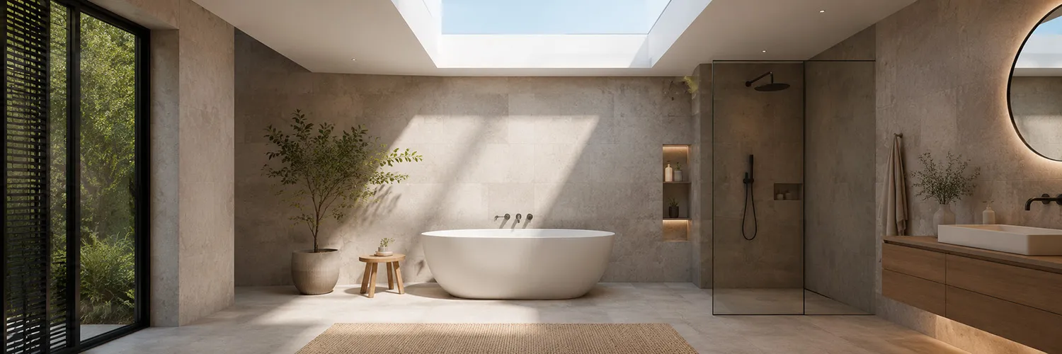 How do skylights create a new aesthetic in the bathroom?