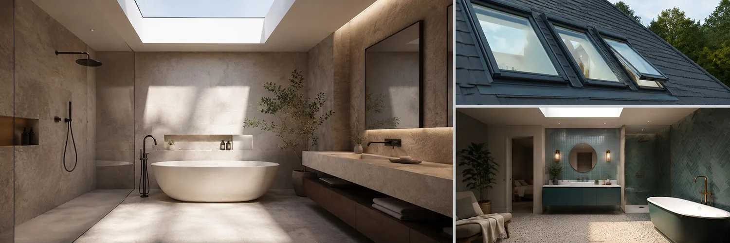 How do skylights create a new aesthetic in the bathroom?