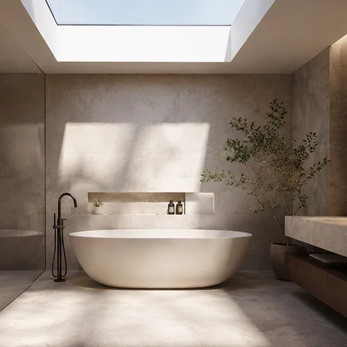How do skylights create a new aesthetic in the bathroom?